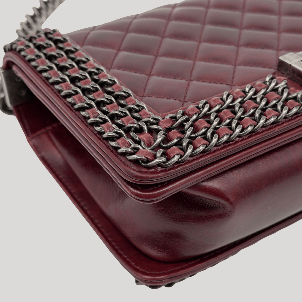 CHANEL Chained Boy Flap Old Medium Burgundy Glazed Calfskin Aged Gunmetal Hardware | Randolph Goods