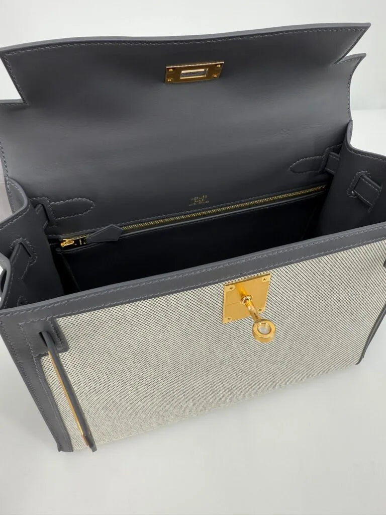 Hermès Kelly 28 Ardoise Swift and Toile Canvas Gold Hardware
