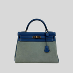 Kelly 32 Limited Edition Bleu de Galice Evercolor Leather and Ciel Veau Grizzly Suede  Permabrass Hardware