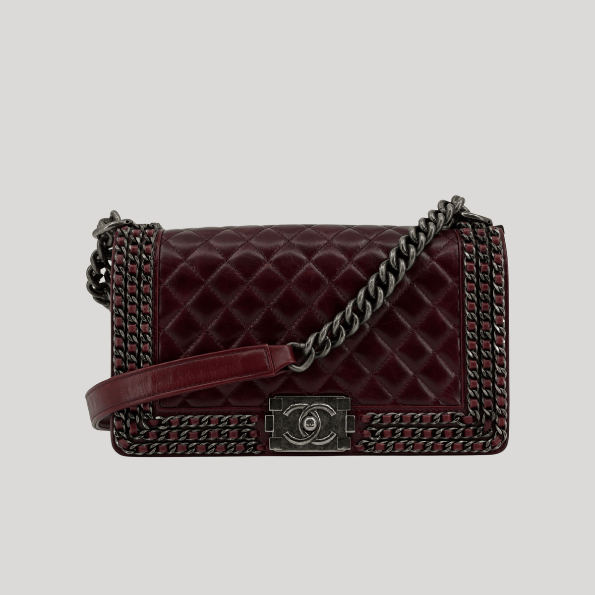 CHANEL Chained Boy Flap Old Medium Burgundy Glazed Calfskin Aged Gunmetal Hardware | Randolph Goods