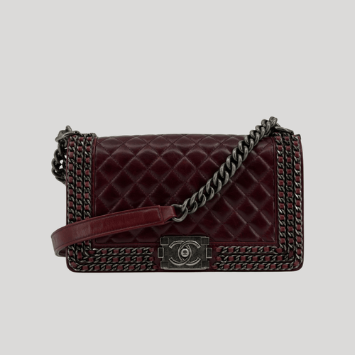 CHANEL Chained Boy Flap Old Medium Burgundy Glazed Calfskin Aged Gunmetal Hardware | Randolph Goods
