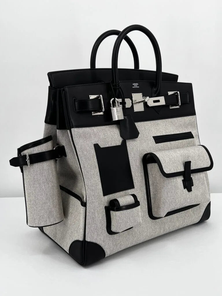 Hermès HAC (Haut à Courroies) 40 Limited Edition Cargo Noir Swift and Toile Palladium Hardware