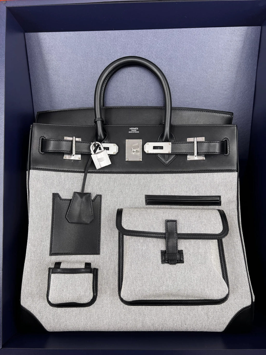 Hermès HAC (Haut à Courroies) 40 Limited Edition Cargo Noir Swift and Toile Palladium Hardware