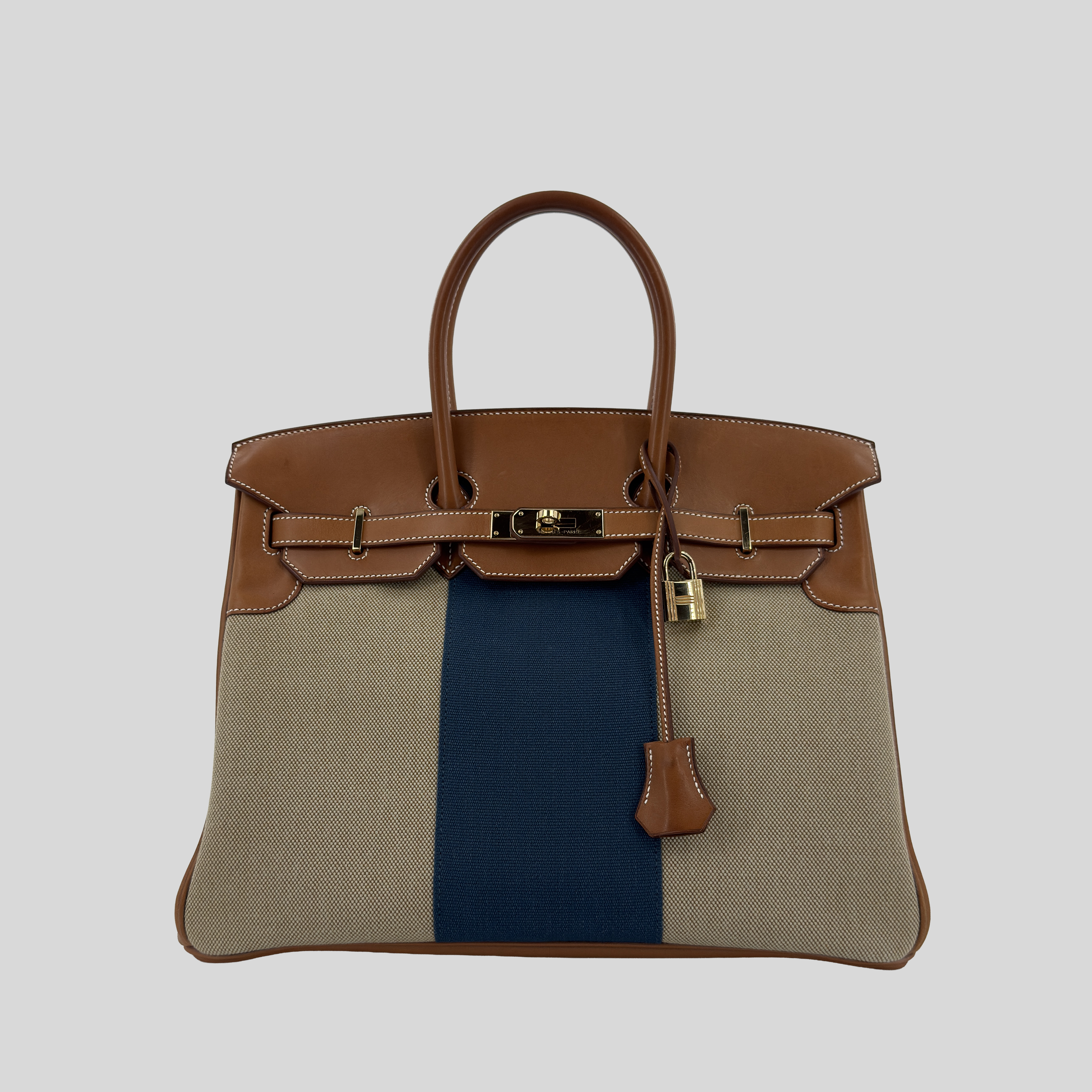 Hermès Birkin 35 Limited Edition “Flag” Fauve Barenia & Striped Canvas Permabrass Hardware