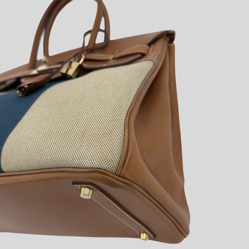 Hermès Birkin 35 Limited Edition “Flag” Fauve Barenia & Striped Canvas Permabrass Hardware