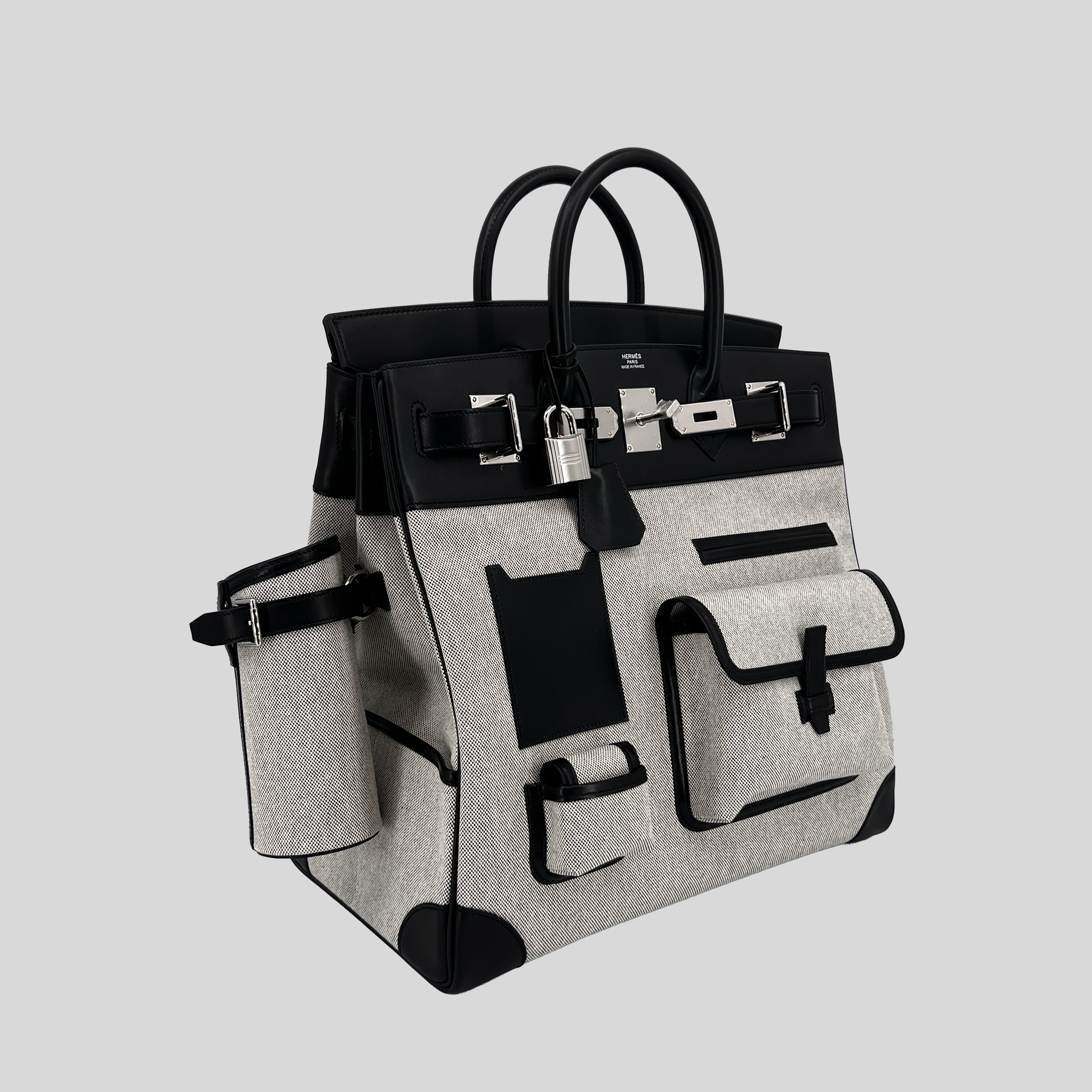 Hermès HAC (Haut à Courroies) 40 Limited Edition Cargo Noir Swift and Toile Palladium Hardware