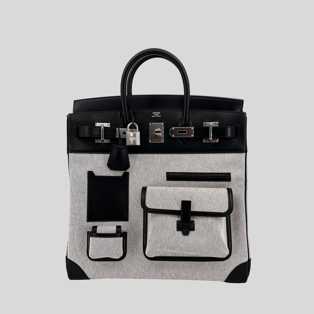 Hermès HAC (Haut à Courroies) 40 Limited Edition Cargo Noir Swift and Toile Palladium Hardware