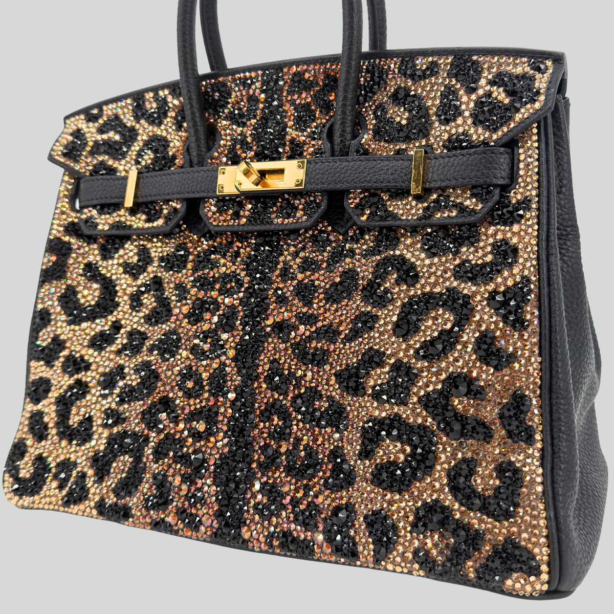 Hermès Birkin 25 Custom Leopard Print Swarovski Crystals Black Togo Gold Hardware | Randolph Goods