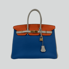 Hermès Birkin 35 HSS Tricolor Bleu Mykonos/Orange/Gris Perle Togo Gold Hardware