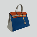 Hermès Birkin 35 HSS Tricolor Bleu Mykonos/Orange/Gris Perle Togo Gold Hardware