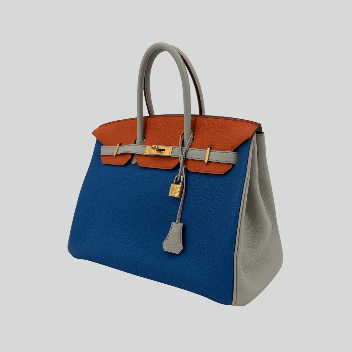Hermès Birkin 35 HSS Tricolor Bleu Mykonos/Orange/Gris Perle Togo Gold Hardware