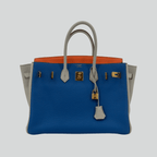Hermès Birkin 35 HSS Tricolor Bleu Mykonos/Orange/Gris Perle Togo Gold Hardware