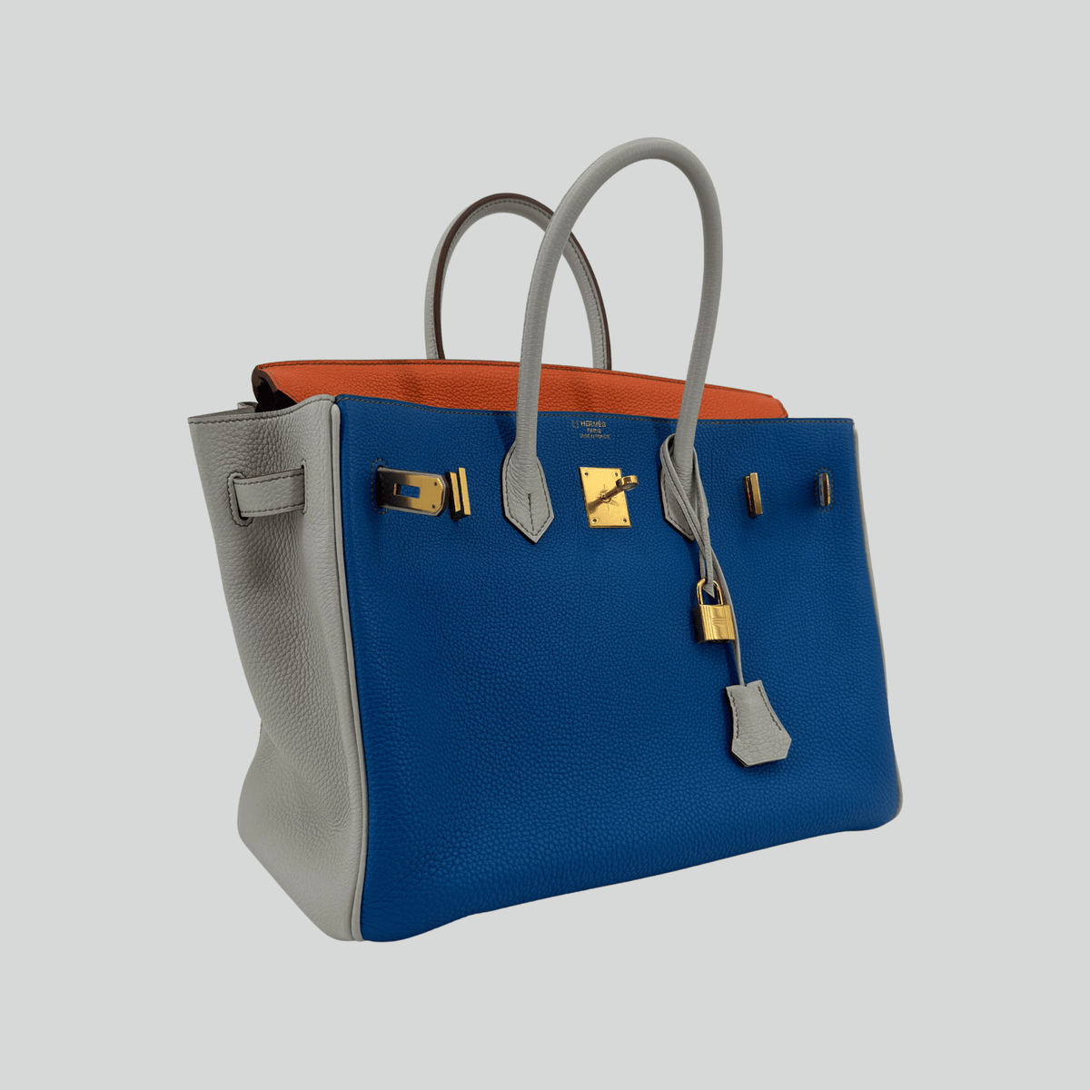 Hermès Birkin 35 HSS Tricolor Bleu Mykonos/Orange/Gris Perle Togo Gold Hardware