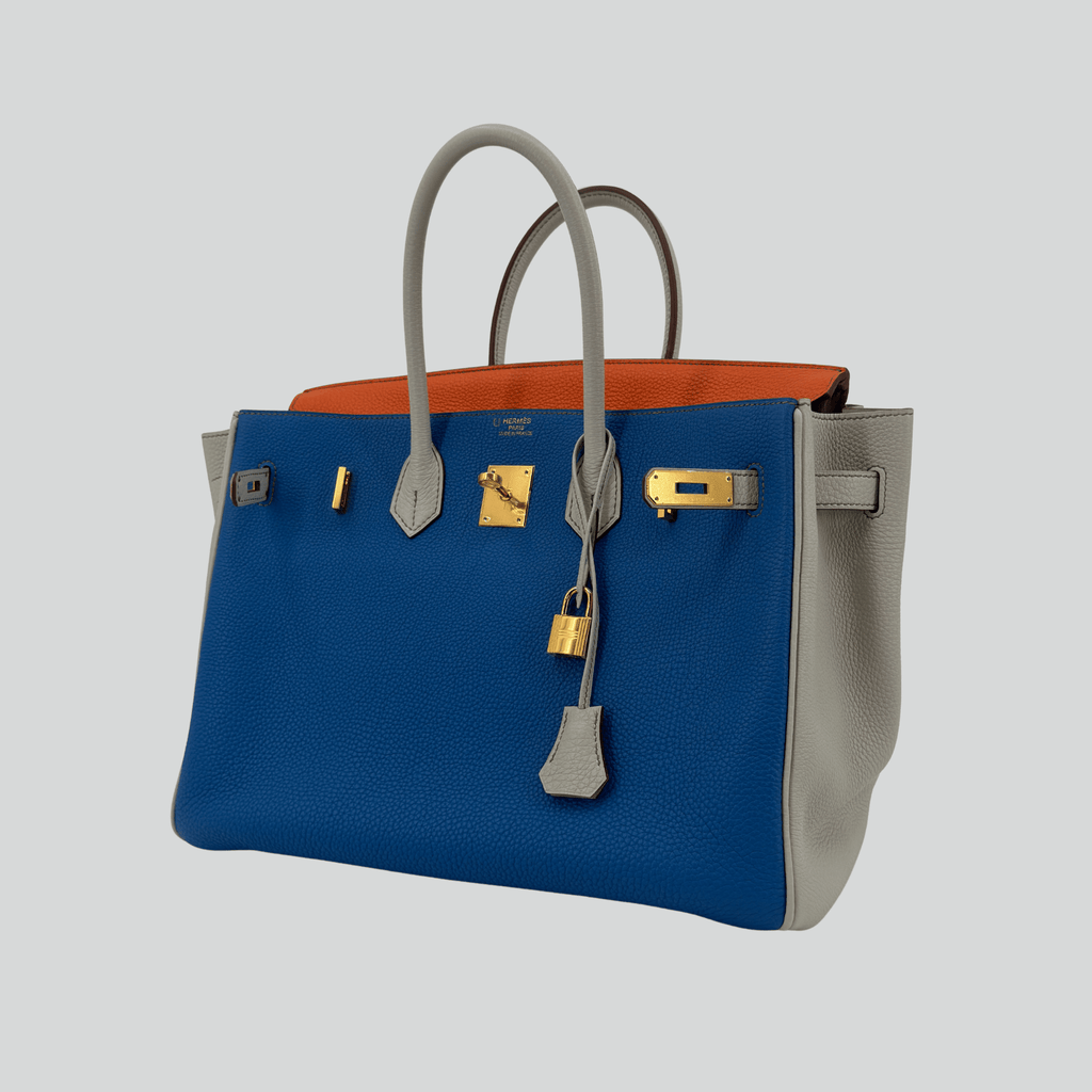 Hermès Birkin 35 HSS Tricolor Bleu Mykonos/Orange/Gris Perle Togo Gold Hardware