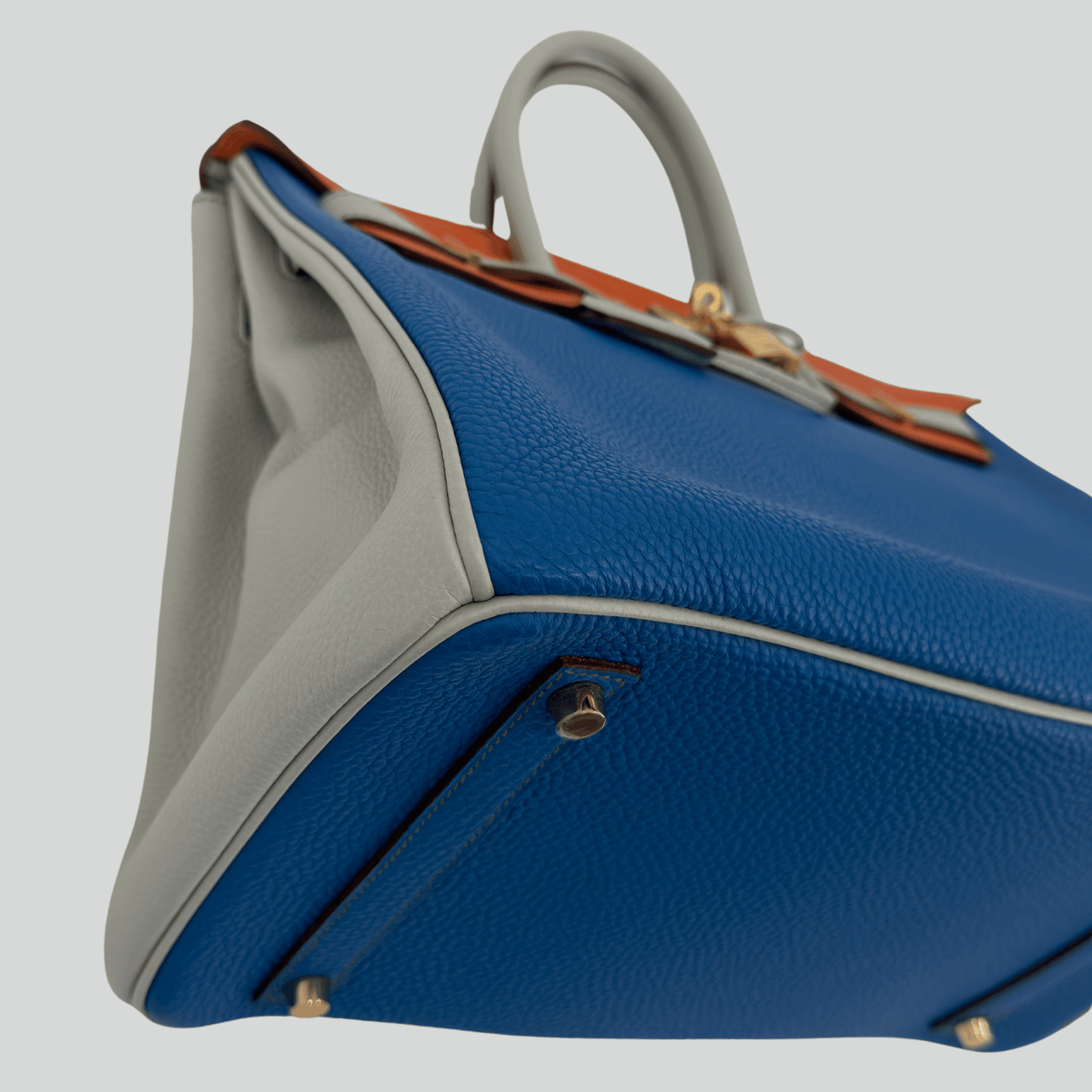 Hermès Birkin 35 HSS Tricolor Bleu Mykonos/Orange/Gris Perle Togo Gold Hardware