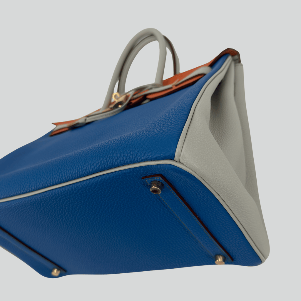Hermès Birkin 35 HSS Tricolor Bleu Mykonos/Orange/Gris Perle Togo Gold Hardware
