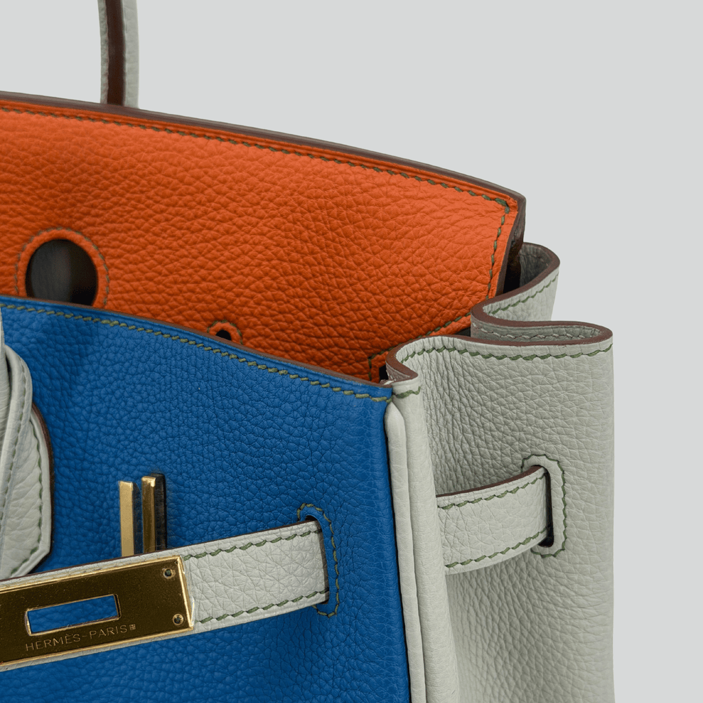 Hermès Birkin 35 HSS Tricolor Bleu Mykonos/Orange/Gris Perle Togo Gold Hardware