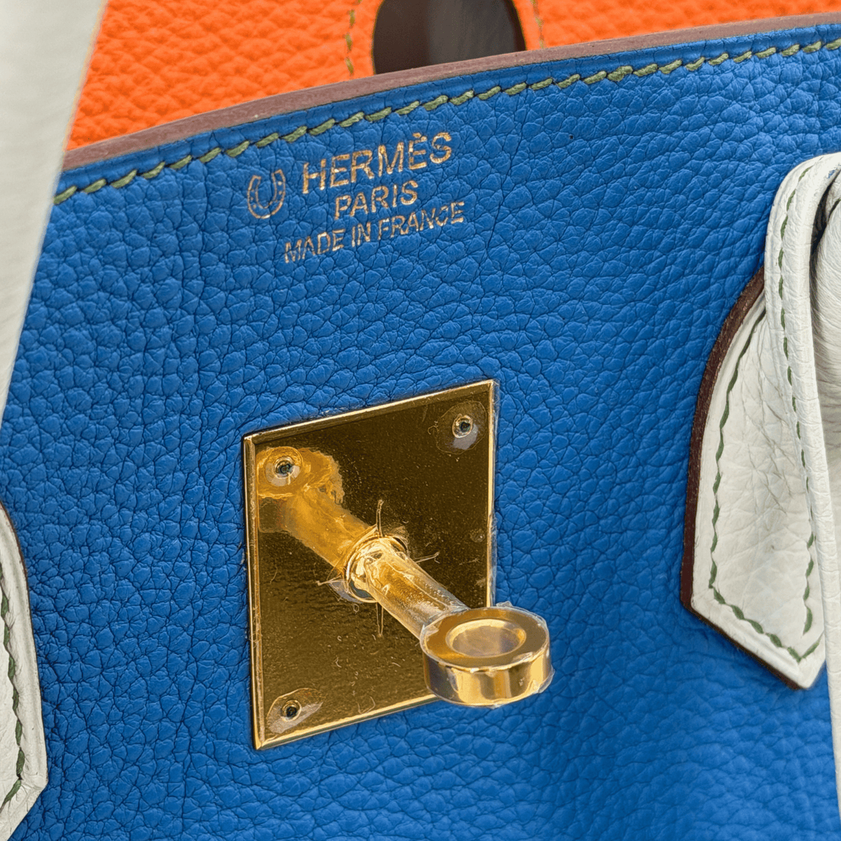 Hermès Birkin 35 HSS Tricolor Bleu Mykonos/Orange/Gris Perle Togo Gold Hardware