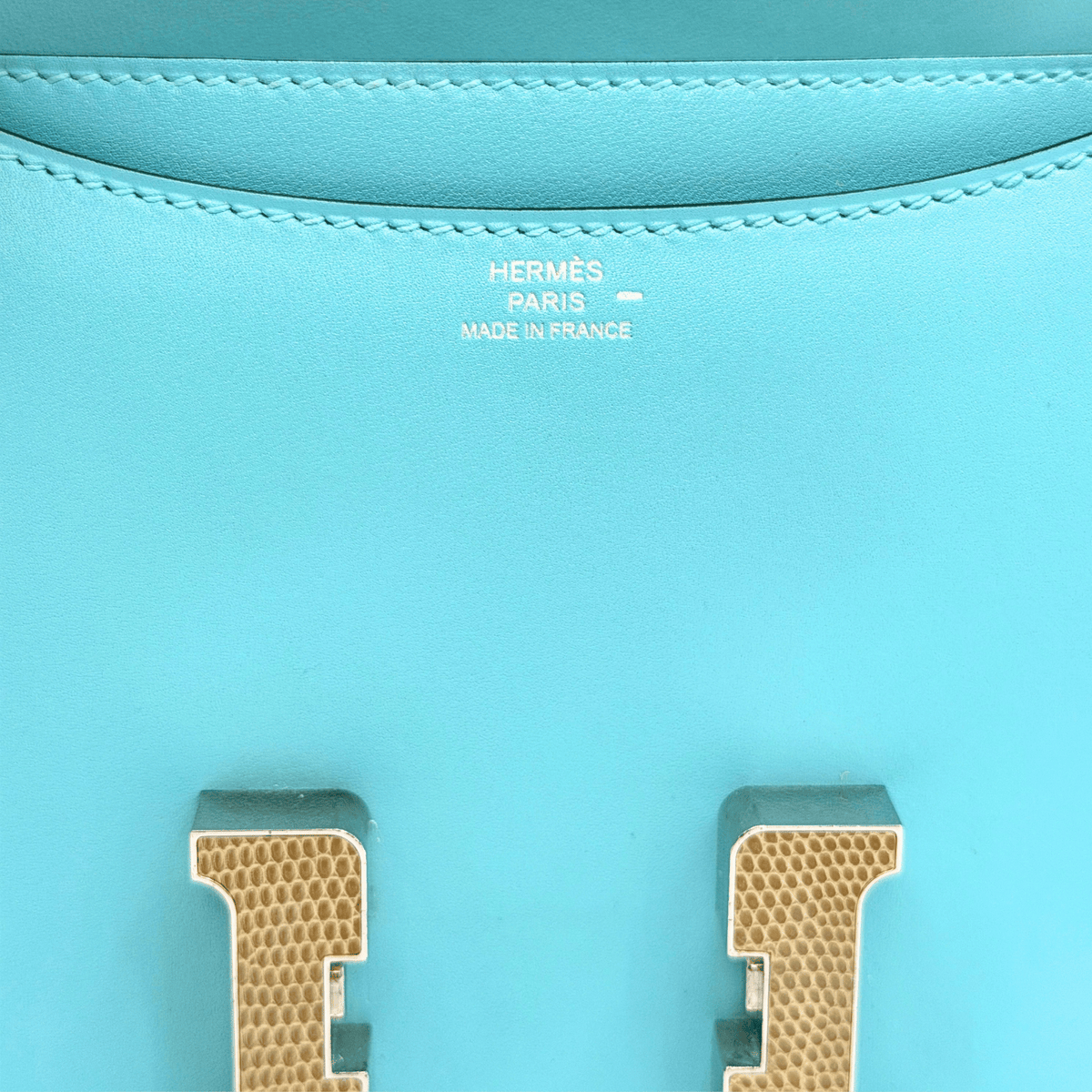 Hermès Constance 18 Bleu Atoll/Ficelle Lizard buckle Swift Palladium Hardware | Randolph Goods