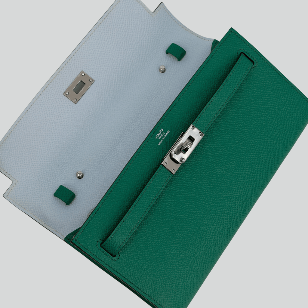 Hermès Kelly To Go Verso Vert Jade/Bleu Brume Epsom Palladium Hardware | Randolph Goods