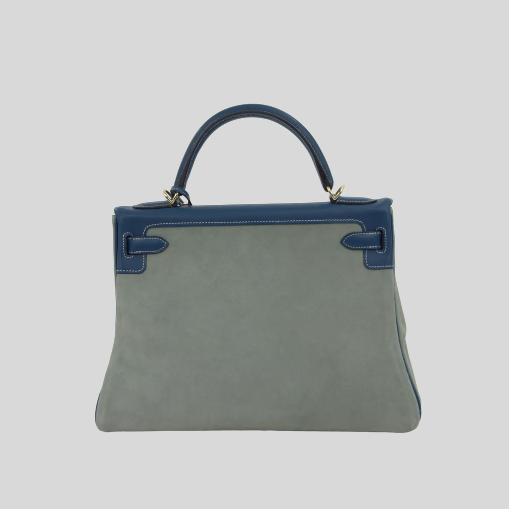 Kelly 32 Limited Edition Bleu de Galice Evercolor Leather and Ciel Veau Grizzly Suede  Permabrass Hardware