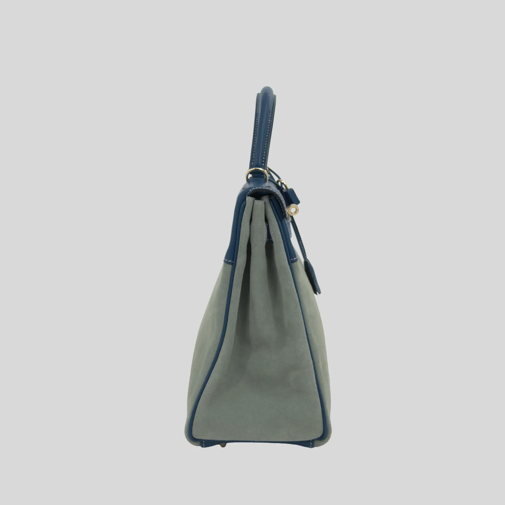 Kelly 32 Limited Edition Bleu de Galice Evercolor Leather and Ciel Veau Grizzly Suede  Permabrass Hardware