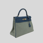 Kelly 32 Limited Edition Bleu de Galice Evercolor Leather and Ciel Veau Grizzly Suede  Permabrass Hardware