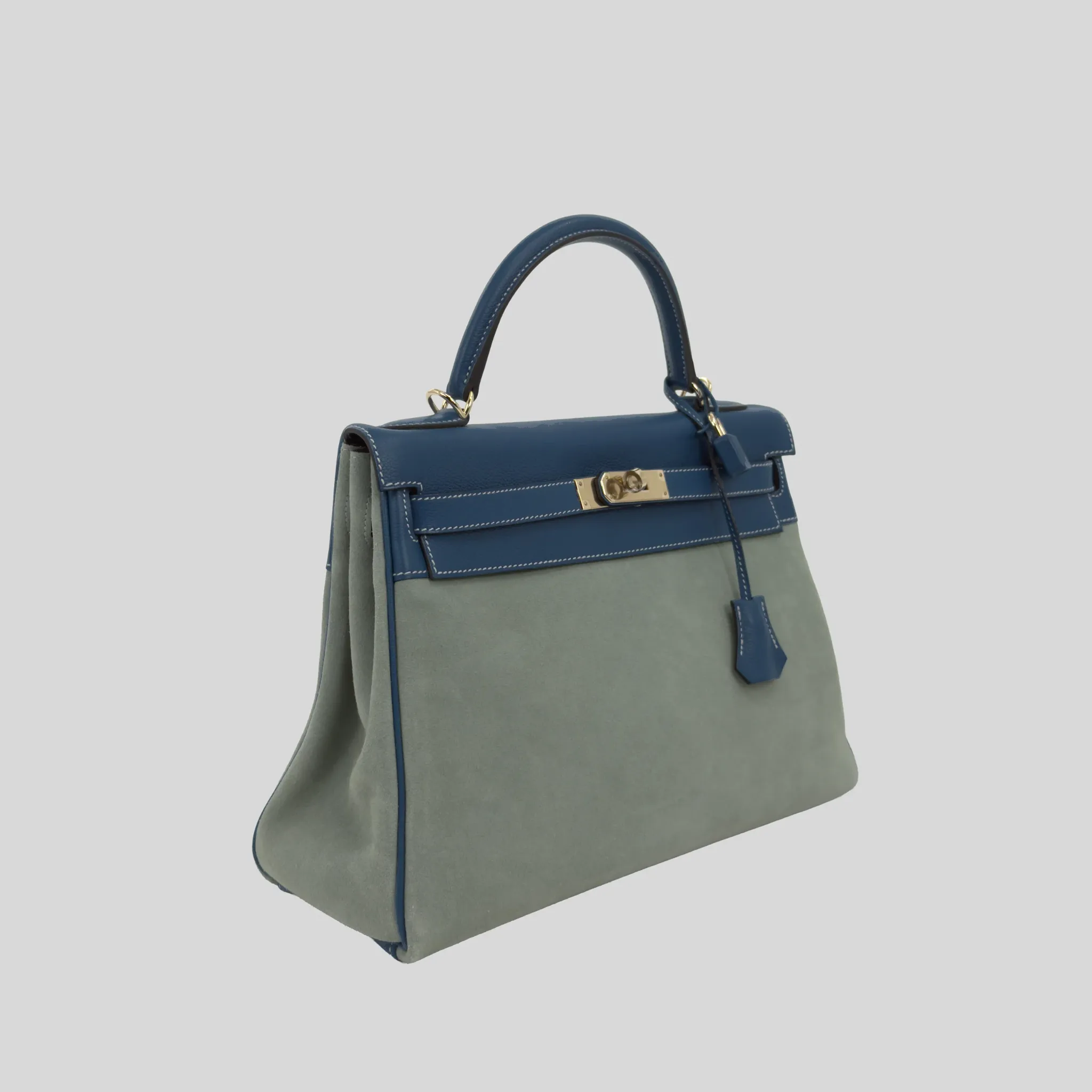 Kelly 32 Limited Edition Bleu de Galice Evercolor Leather and Ciel Veau Grizzly Suede  Permabrass Hardware