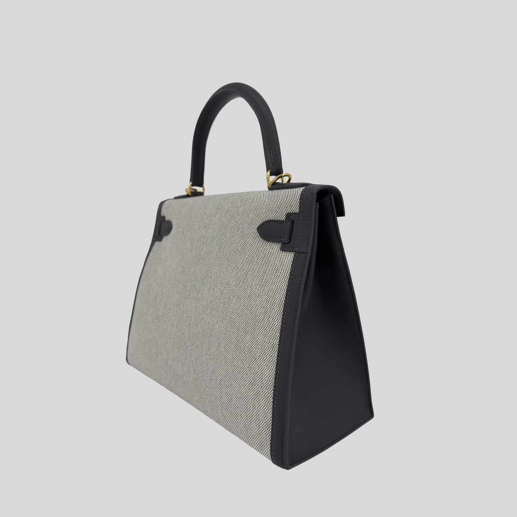 Hermès Kelly 28 Ardoise Swift and Toile Canvas Gold Hardware
