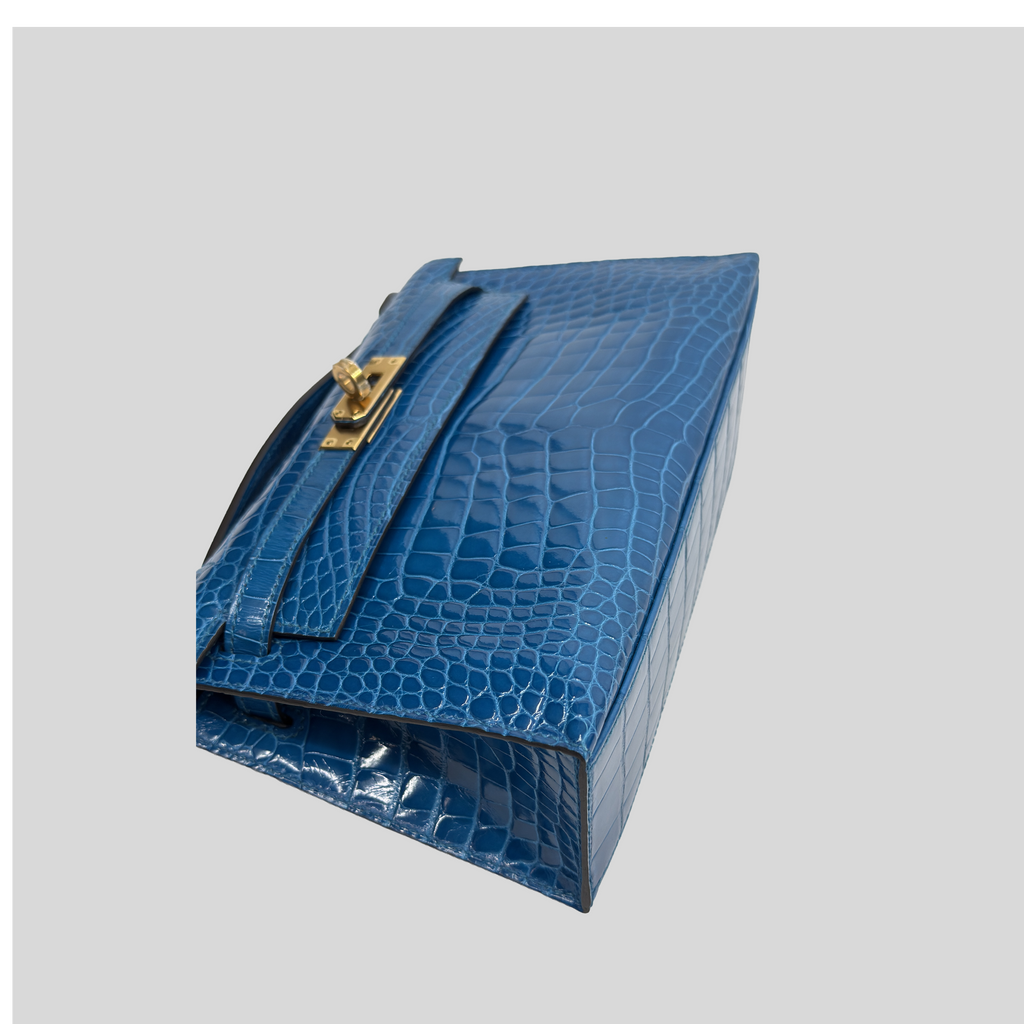 Hermès Kelly Pochette Bleu Izmir Alligator Gold Hardware