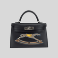 Hermès Mini Kelly “Cheval De Bois” Black Tadelakt Leather and Wood Marquetry Palladium Hardware