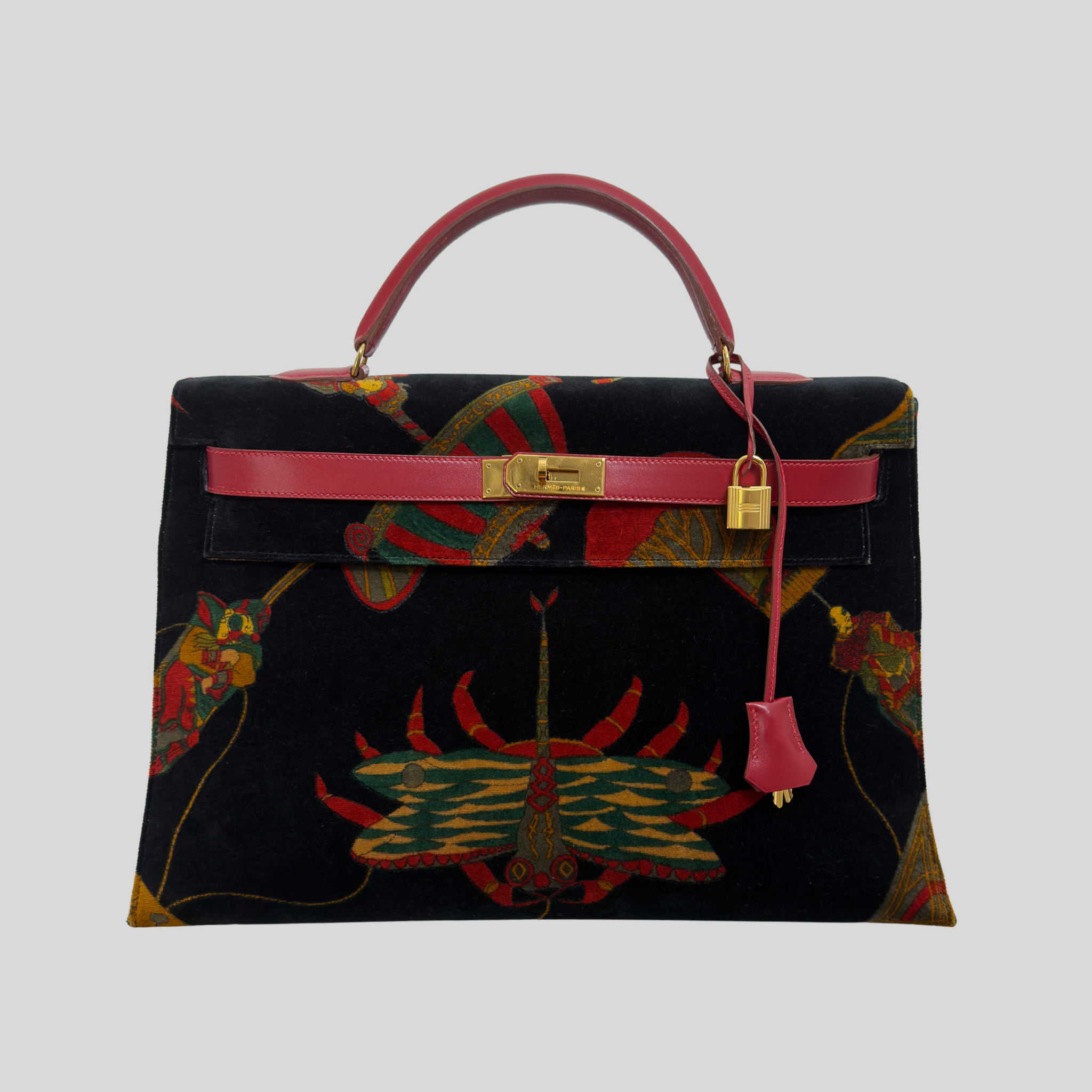 Hermès Kelly 40 Soies Volantes Rouge Vif Box Calfskin & Printed Velvet with Gold Hardware | Randolph Goods