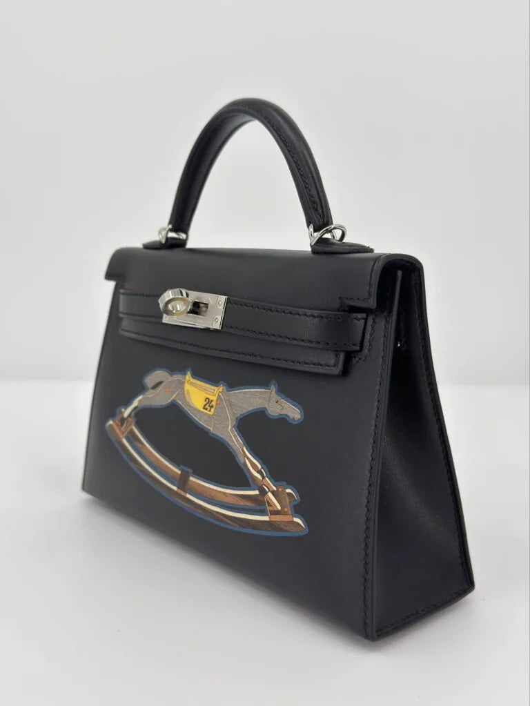 Hermès Mini Kelly “Cheval De Bois” Black Tadelakt Leather and Wood Marquetry Palladium Hardware