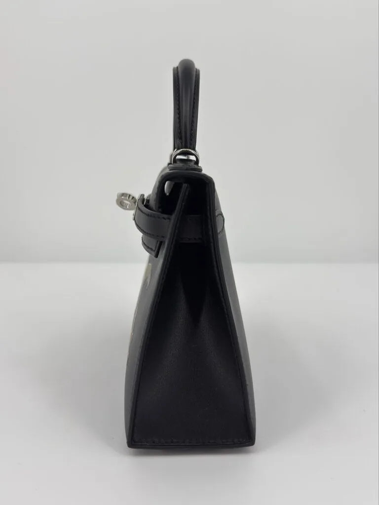 Hermès Mini Kelly “Cheval De Bois” Black Tadelakt Leather and Wood Marquetry Palladium Hardware