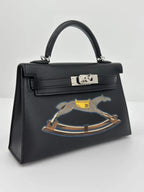 Hermès Mini Kelly “Cheval De Bois” Black Tadelakt Leather and Wood Marquetry Palladium Hardware