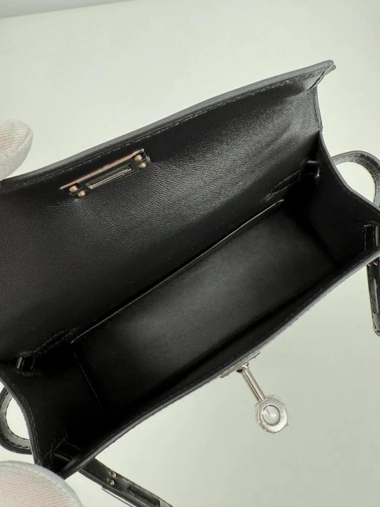 Hermès Mini Kelly “Cheval De Bois” Black Tadelakt Leather and Wood Marquetry Palladium Hardware