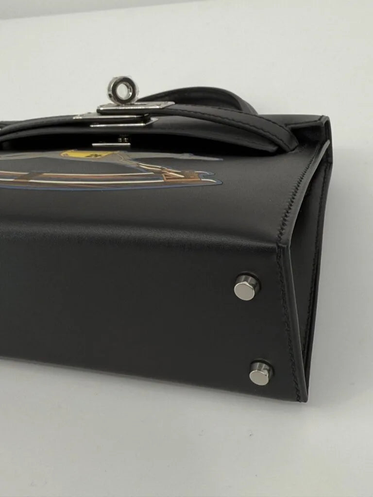 Hermès Mini Kelly “Cheval De Bois” Black Tadelakt Leather and Wood Marquetry Palladium Hardware