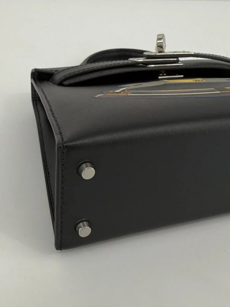Hermès Mini Kelly “Cheval De Bois” Black Tadelakt Leather and Wood Marquetry Palladium Hardware