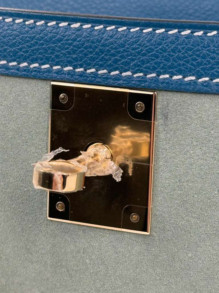 Kelly 32 Limited Edition Bleu de Galice Evercolor Leather and Ciel Veau Grizzly Suede  Permabrass Hardware