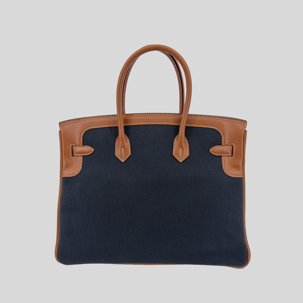 Hermès Birkin 35 "Flag" Barenia & Navy Striped Canvas Permabrass Hardware