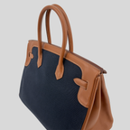 Hermès Birkin 35 "Flag" Barenia & Navy Striped Canvas Permabrass Hardware