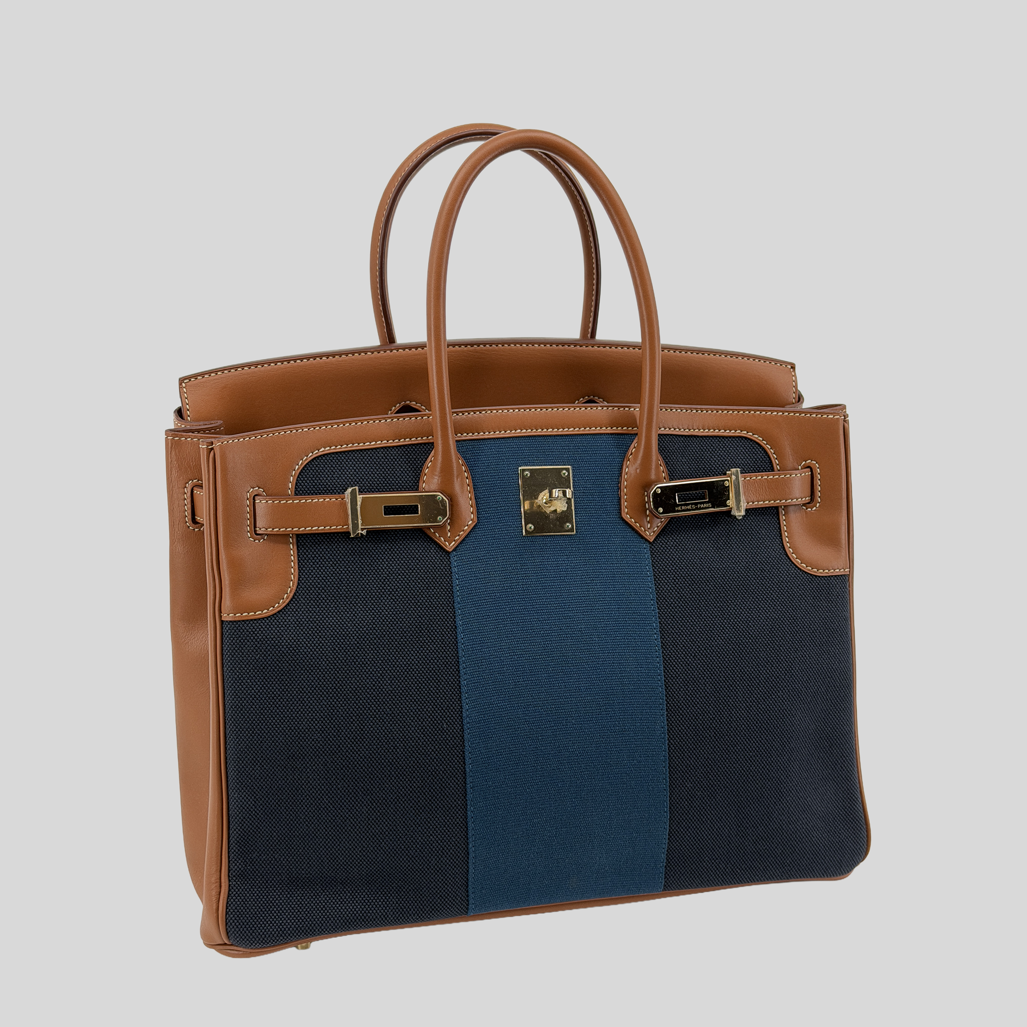 Hermès Birkin 35 "Flag" Barenia & Navy Striped Canvas Permabrass Hardware