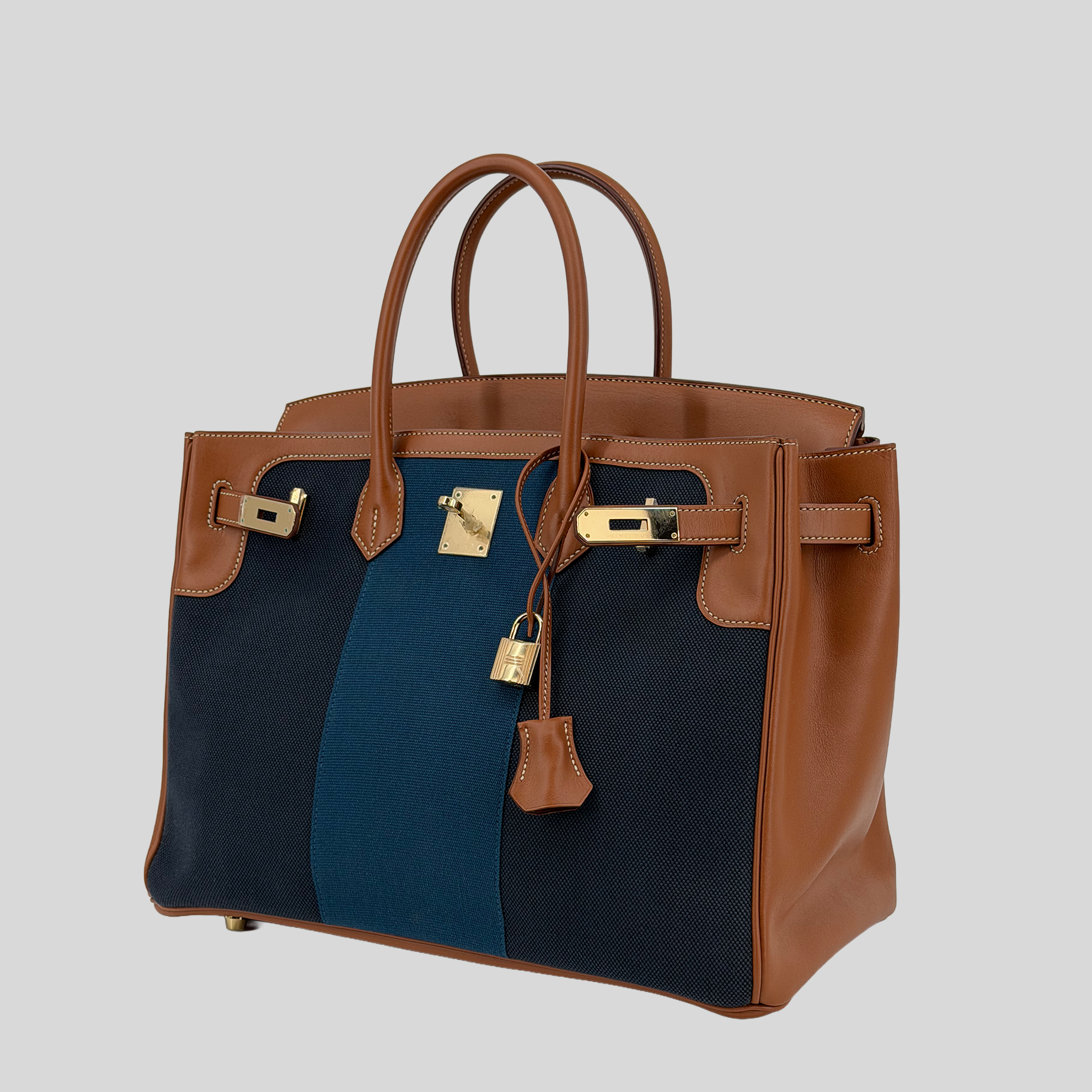 Hermès Birkin 35 "Flag" Barenia & Navy Striped Canvas Permabrass Hardware