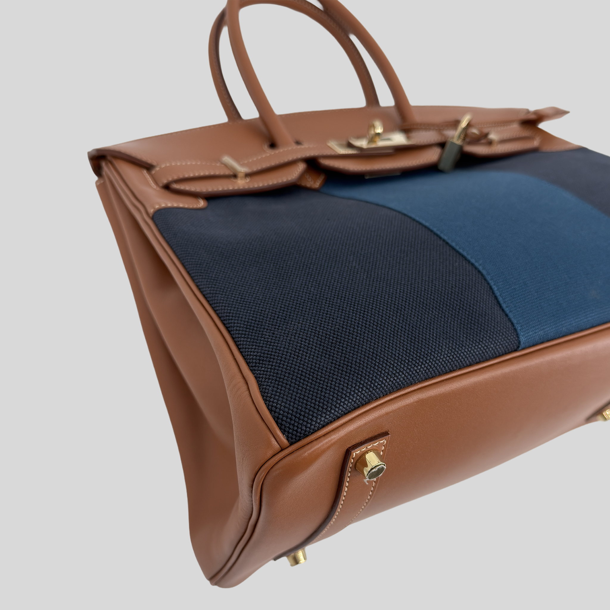 Hermès Birkin 35 "Flag" Barenia & Navy Striped Canvas Permabrass Hardware
