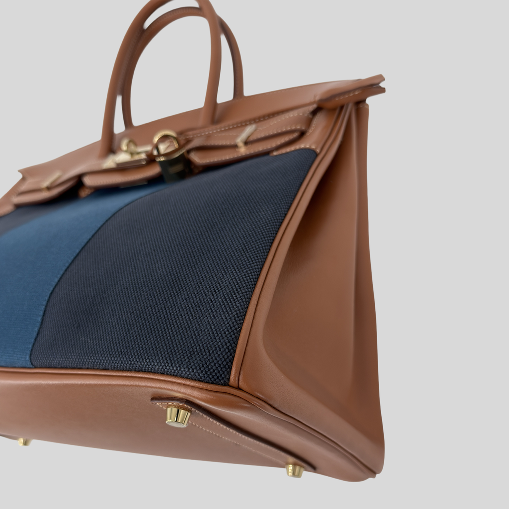 Hermès Birkin 35 "Flag" Barenia & Navy Striped Canvas Permabrass Hardware
