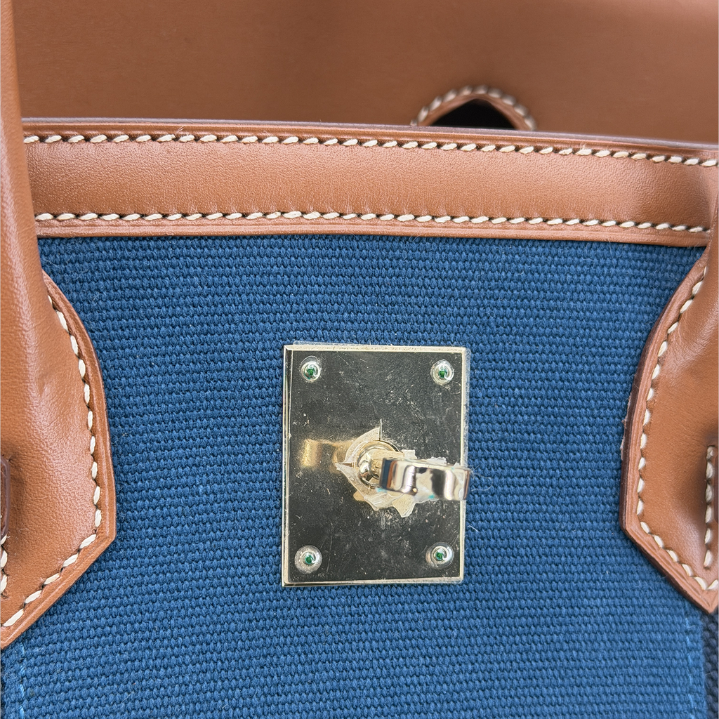 Hermès Birkin 35 "Flag" Barenia & Navy Striped Canvas Permabrass Hardware
