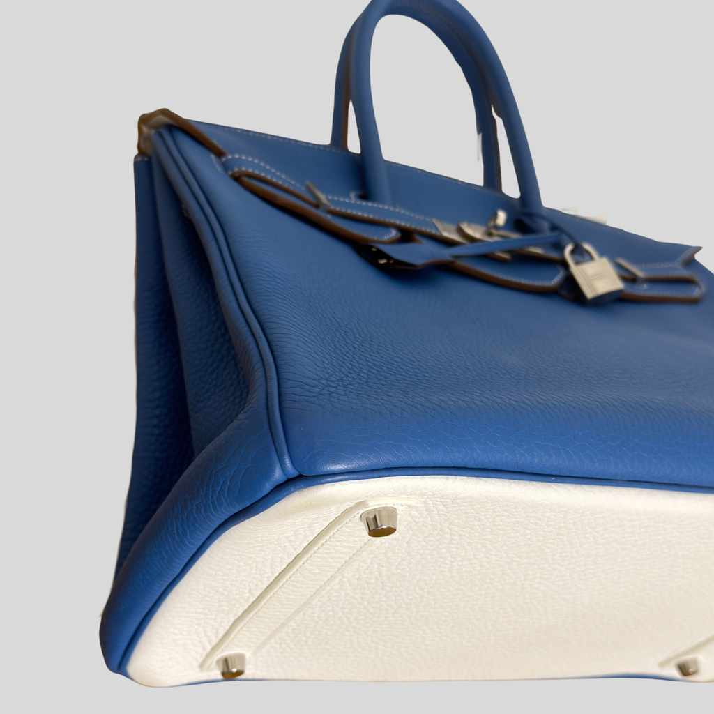 Randolph Goods | Hermès Birkin 35 Limited Edition “Éclat” Bleu Mykonos/Blanc Clemence Leather Palladium Hardware