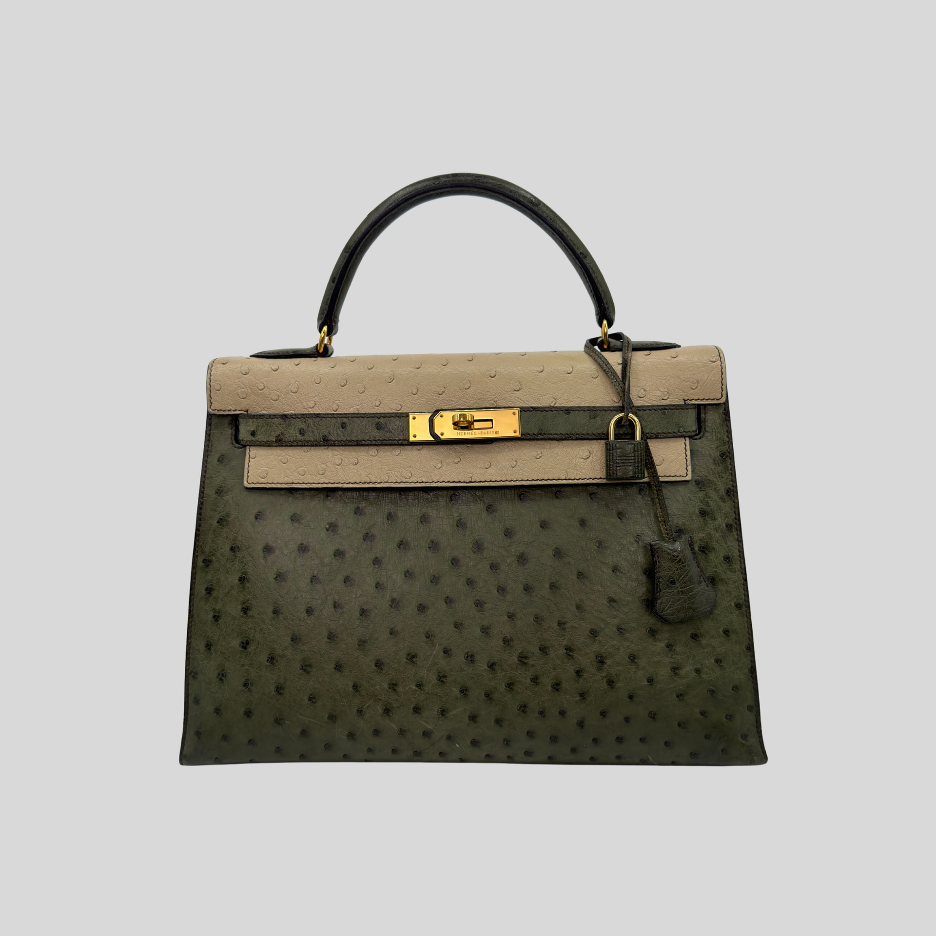 Rare Hermès Kelly 32 Vert Olive Parchemin Ostrich Gold Hardware