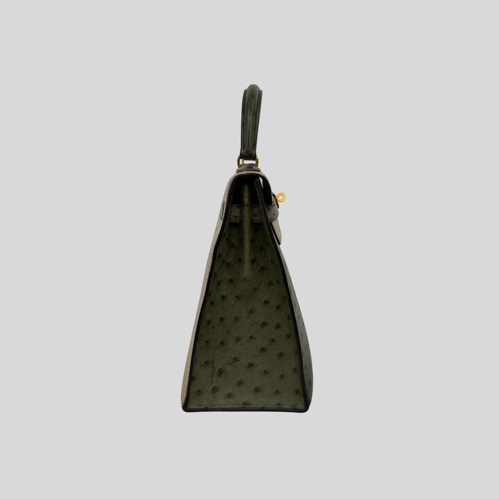 Hermès Rare Kelly 32 Vert Olive and Parchemin Ostrich Leather Gold Hardware | Randolph Goods