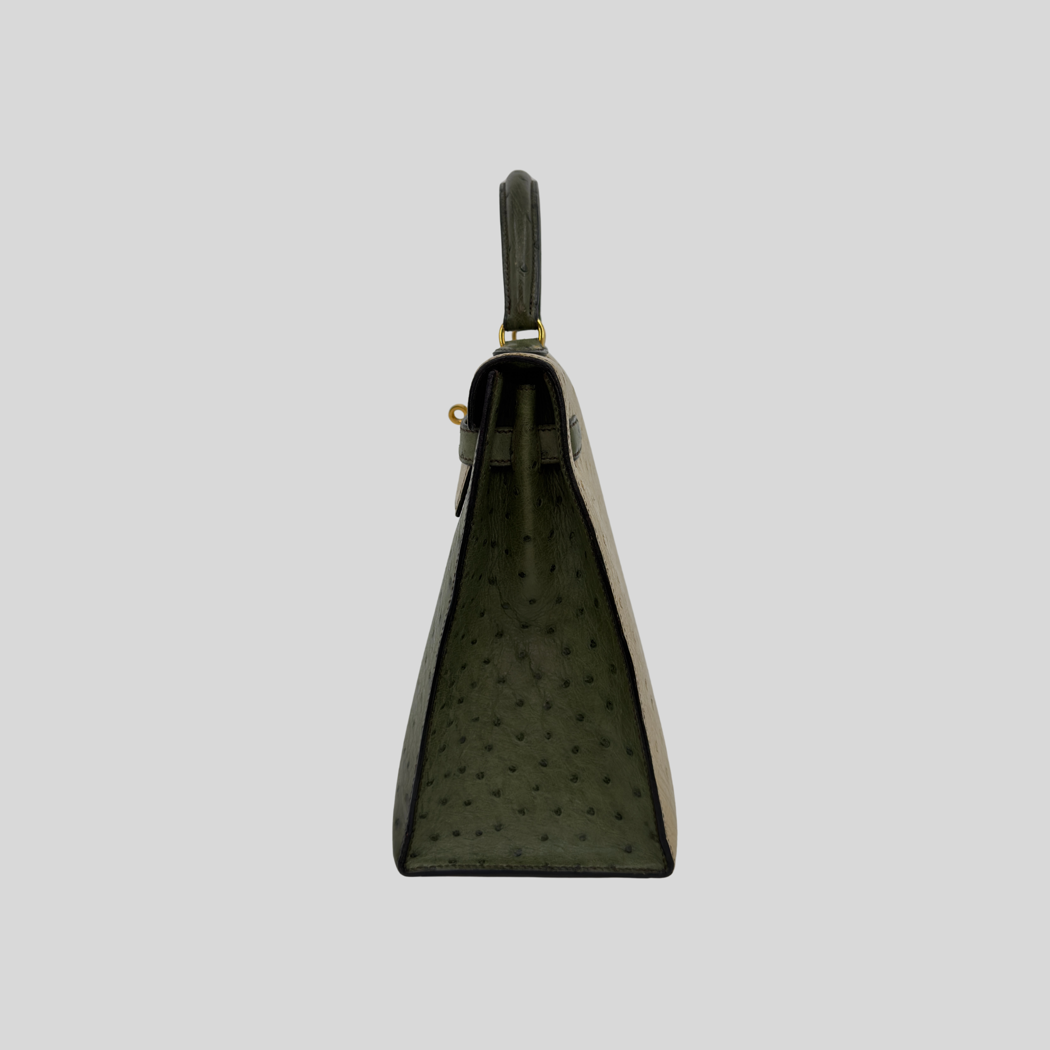 Hermès Rare Kelly 32 Vert Olive and Parchemin Ostrich Leather Gold Hardware | Randolph Goods